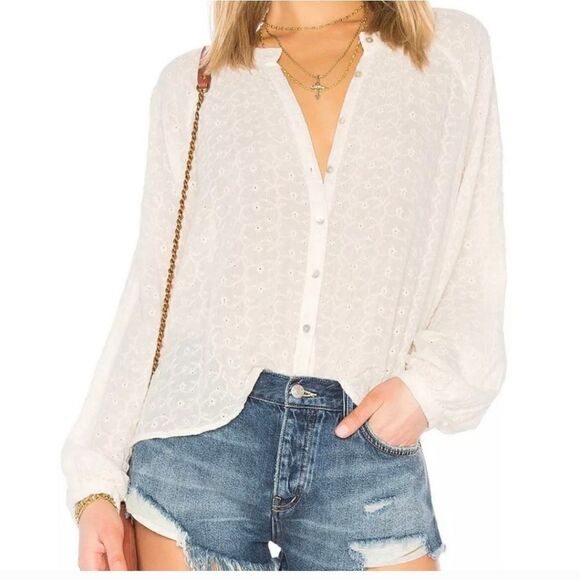 Free people small top embroidered floral peasant blouse white button down lace - Picture 2 of 11